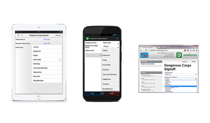 A simple Mobilengine form rendered in an Android, iOS, and Chrome web browser environment, respectively