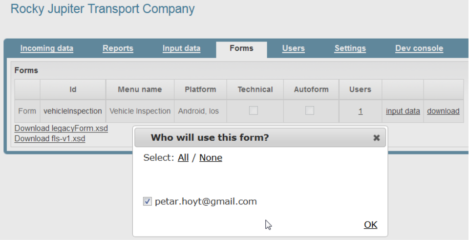 The Forms tab of the Backoffice site, after you click on the number in the Users column.