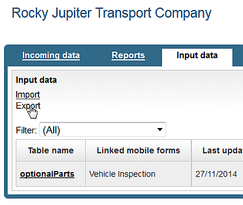 The Export button on the Input data tab of the Backoffice website