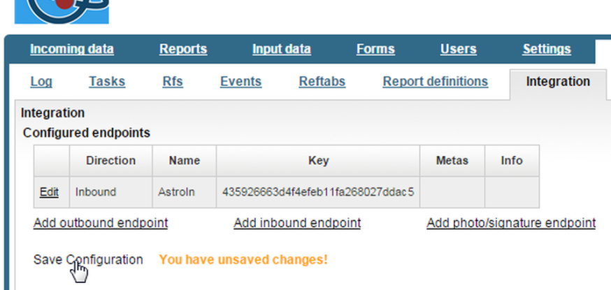 You need to click the Save Configuration link to store the new endpoint