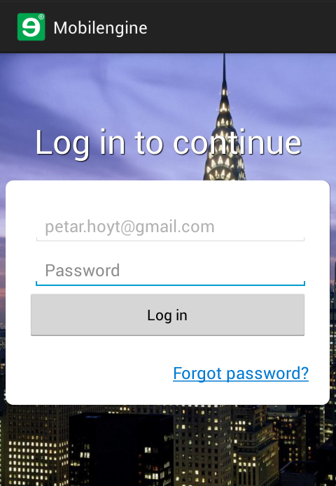 The login screen of the Mobilengine mobile app