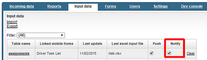 The Input data tab also lets you enable and disable Notify for reference tables