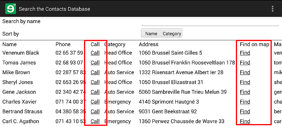 A click-to-call and a find on map link next to the phone numbers and addresses in the data-bound table