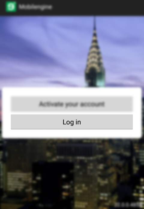 The Mobilengine mobile app login screen with the Chrysler building in the background