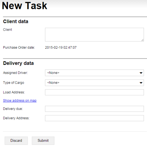 The finished New Task webform lets the user select and enter the basic details for a new delivery task, and then add it to the list of tasks