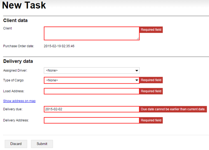 The New Task form with validation kicking in. Note that the controls are grouped into two chapters.