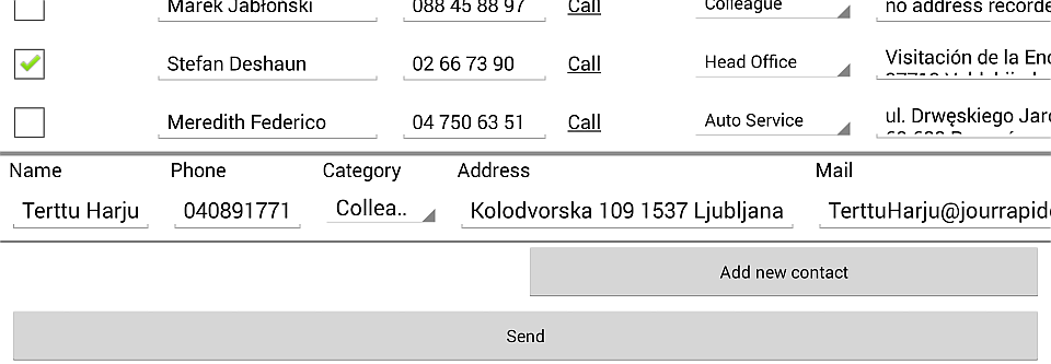 When the user taps the Add new contact button, a blank row with empty text boxes for column data appears