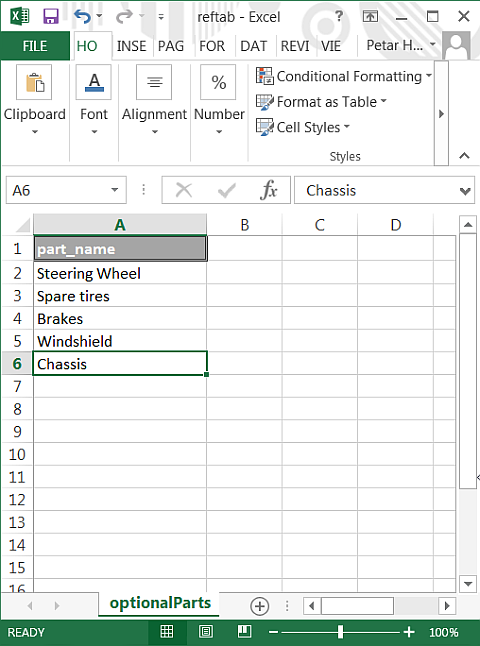 The reftab.xlsx spreadsheet with a optionalParts worksheet, and an extra row to test the data binding