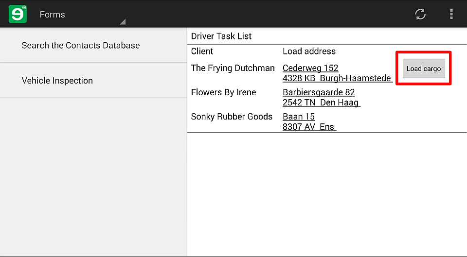 When you confirm a task in the new dashboard form, the Load cargo closebutton appears next to it