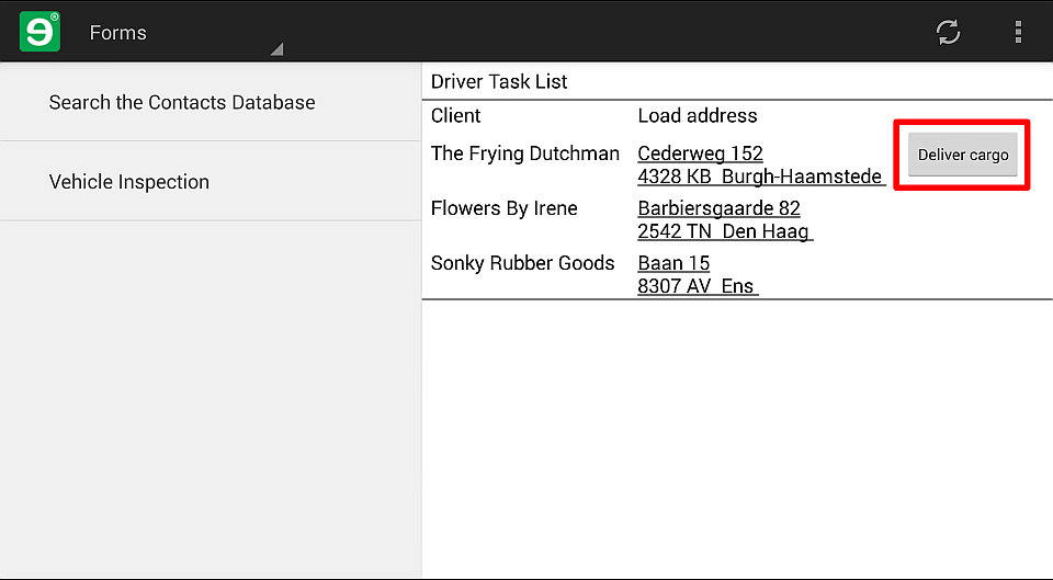 When you submit the load form for a task, the Deliver cargo closebutton appears next to it in the dashboard form