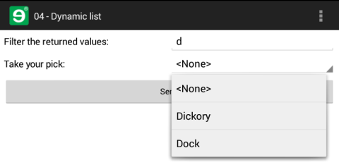 The query in the drop-down uses the user input in the text box to filter the static list in example03