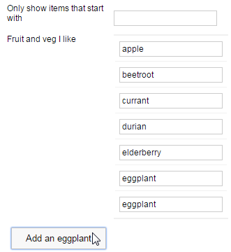 The Fruit and veg I like table after the user added two eggplant items with the Add an eggplant addbutton