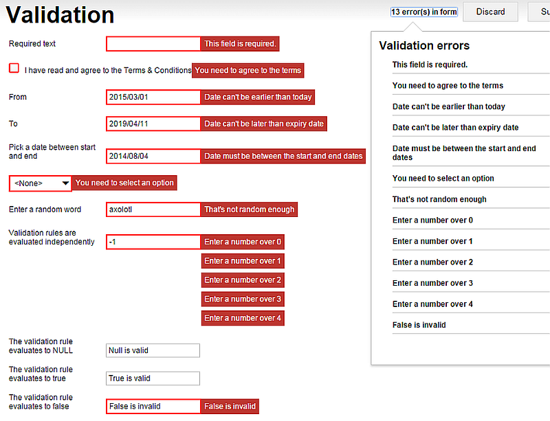 A form with multiple validation errors, listed in the Validation errors dialog