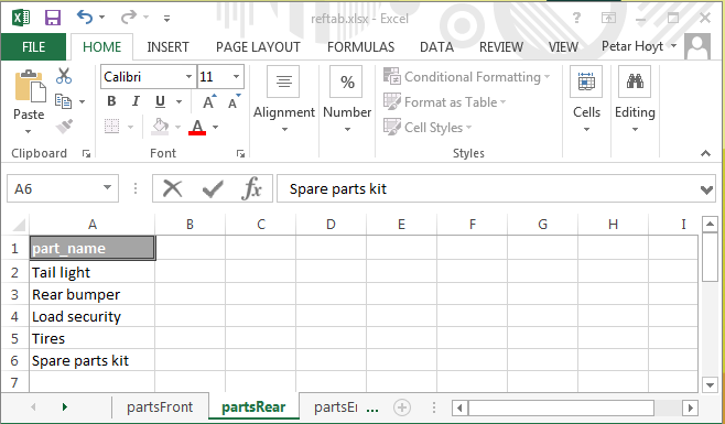 The reftab.xlsx spreadsheet with three worksheets. Note the extra row to test the data binding.