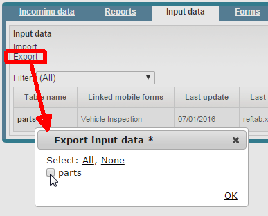 The Export button and the Export input data dialog on the Input data tab of the Backoffice website