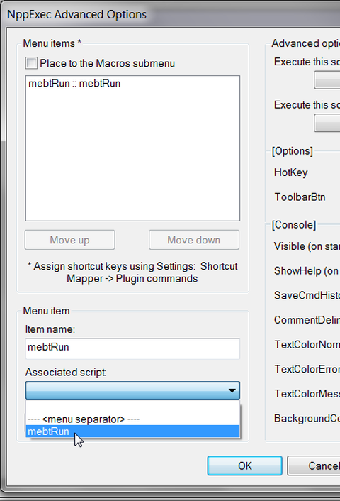 Notepad++'s Plugins → NppExec → Advanced Options dialog, showing your input