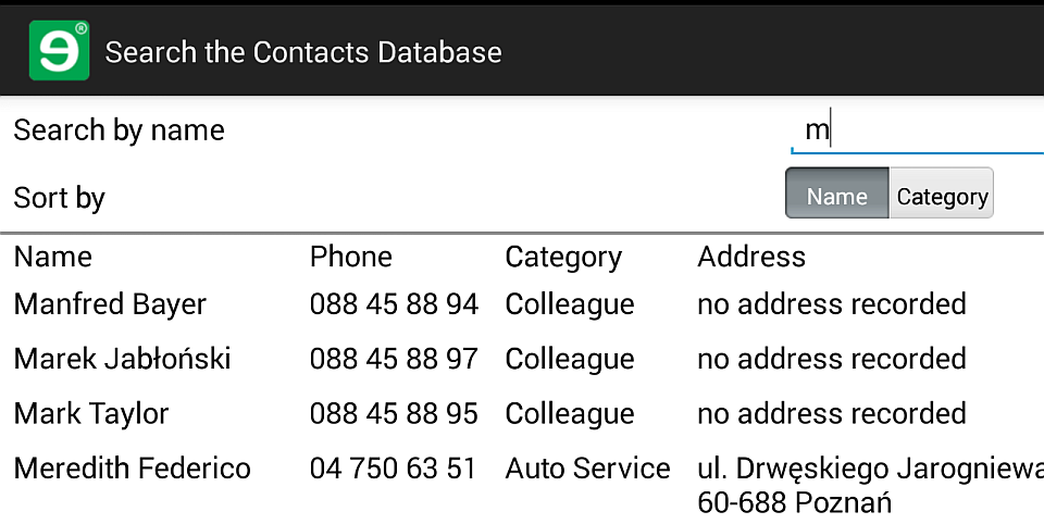 The data-bound list of contacts in the form is filtered by the input that the user types into the Search by name text box