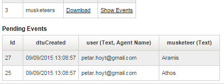 Only two of the three musketeers show up as pending events on the Backoffice site