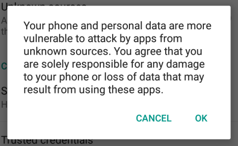 A warning dialog pops up when you enable installations from outside Google Play