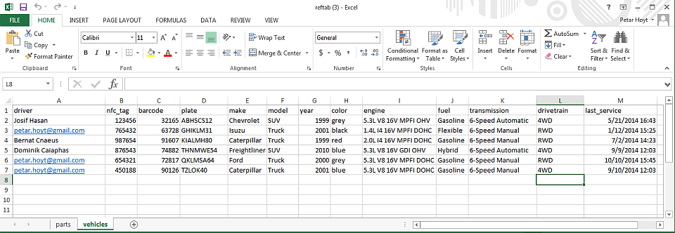 Some sample reference data for the vehicles reference table