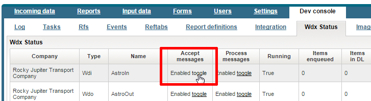 The Wdx Status screen on the Backoffice site showing the enable/disable toggle